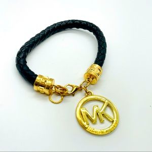 MICHAEL KORS Black Leather Logo Charm Bracelet
